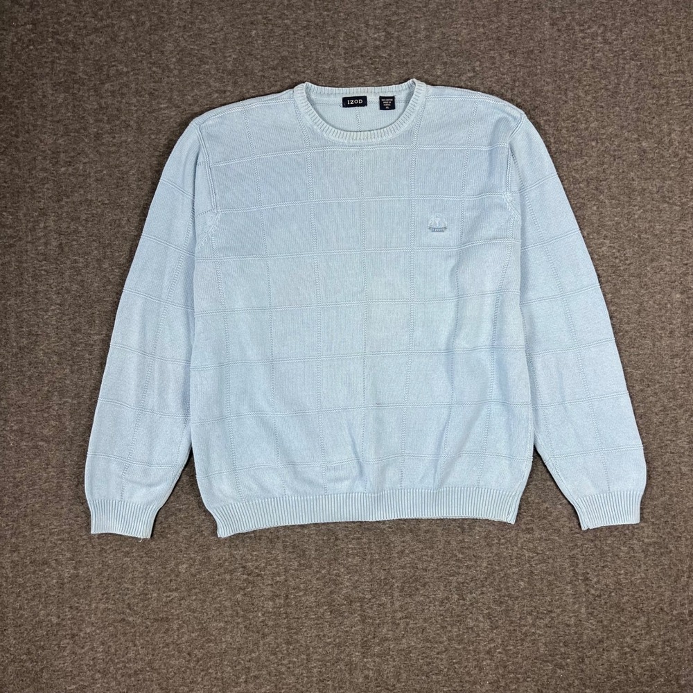 IZOD Textured Windowpane Knit Sweater Men XL Light Blue Crewneck Crest Old Money